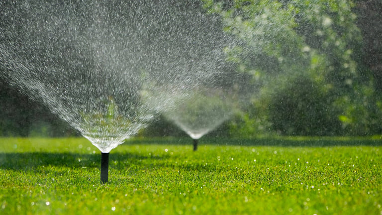 Sistema di irrigazione automatica con irrigatori su prato verde in una giornata di sole