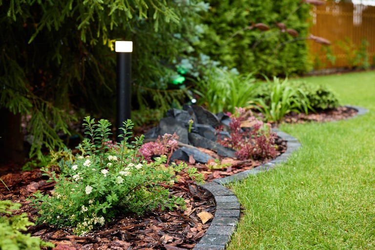 Giardino progettato con piante e rocce decorative in paesaggio rigoglioso